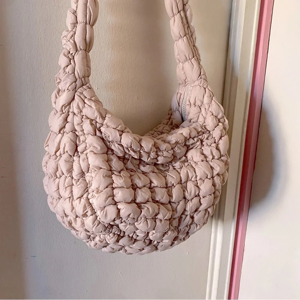 Pale Pink/Cream Color Quilted Puffer Slouchy Bag with Crossbody Strap